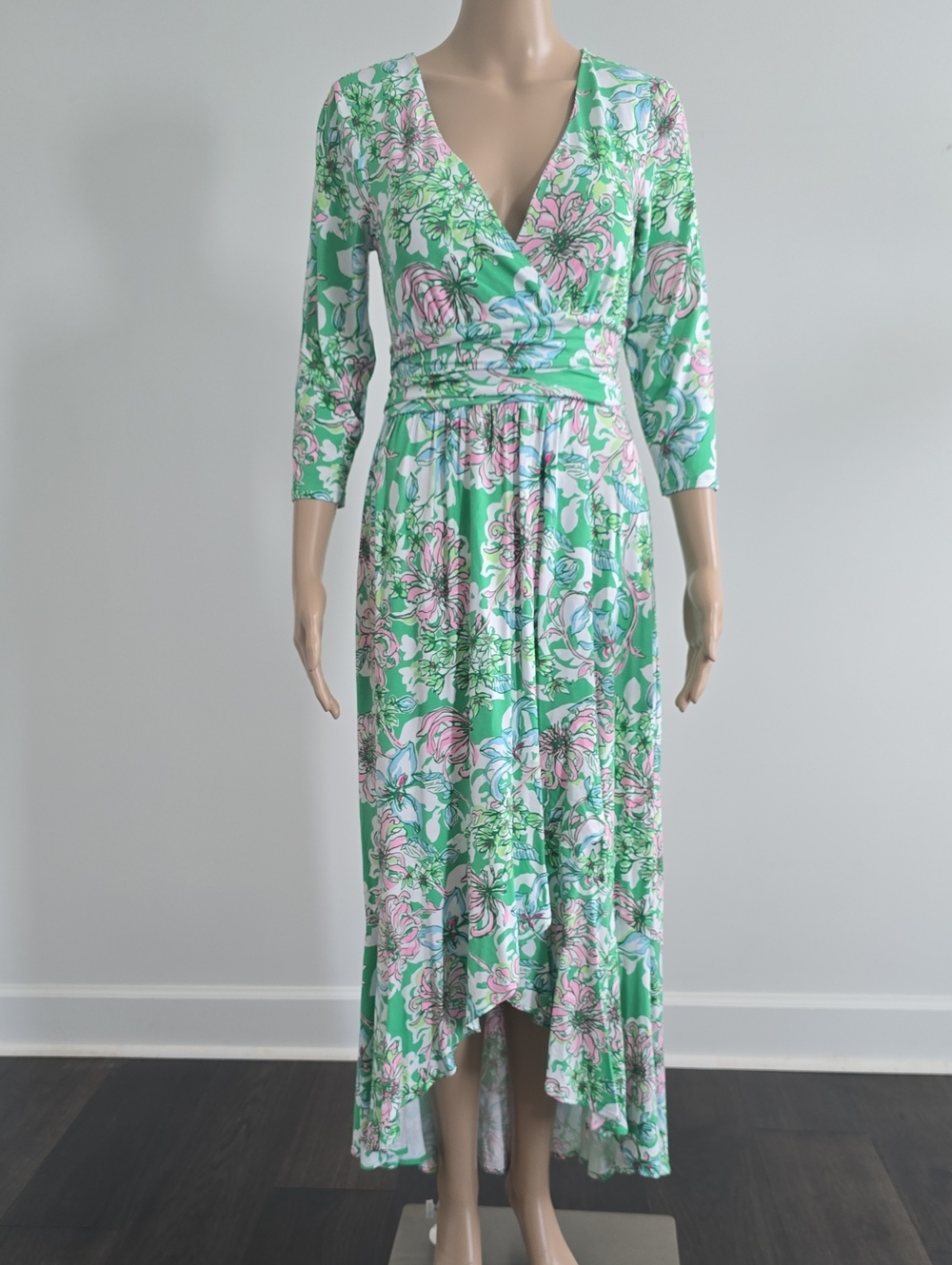 Lilly Pulitzer Green Floral High-Low Wrap Dress with Pink Accents Size S